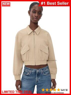 Cropped Twill Bomber Jacket Casual Zip Front Long Sleeve Collared